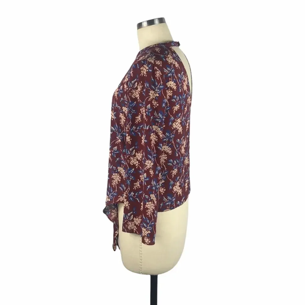 MADEWELL Bell-Sleeve Tie Top in‎ Antique Flora XS Purple Blue Floral Boho Light